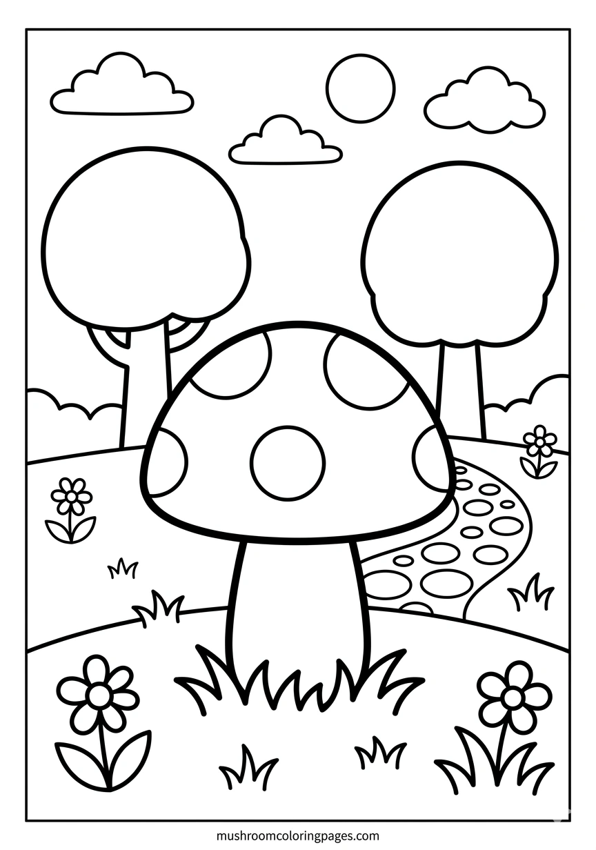 Kids forest scene mushroom coloring pages