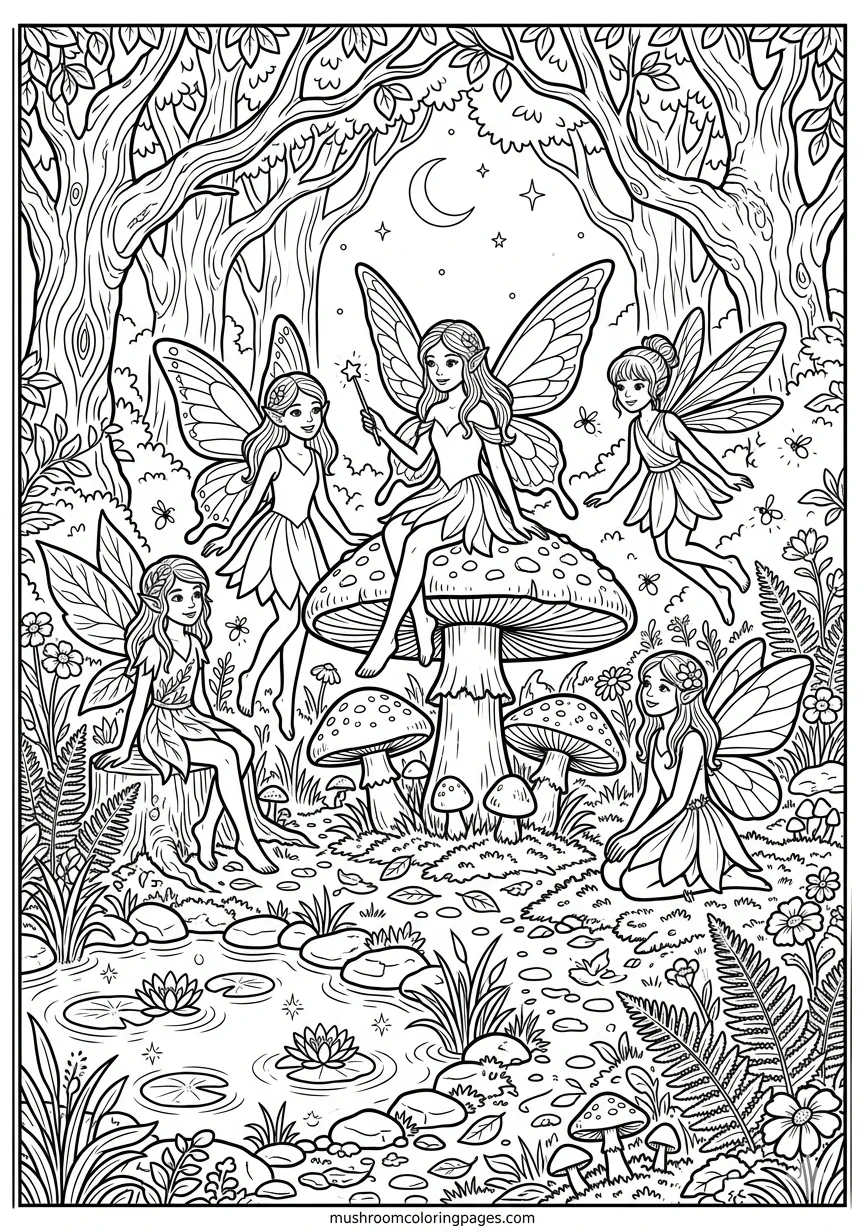fairy mushroom forest gathering coloring page