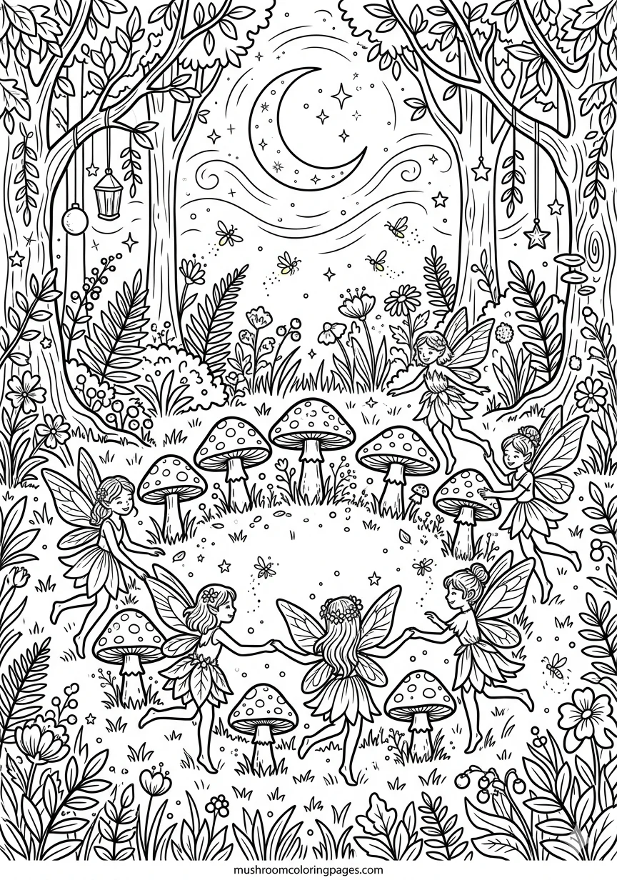 fairy mushroom moonlit ring coloring page