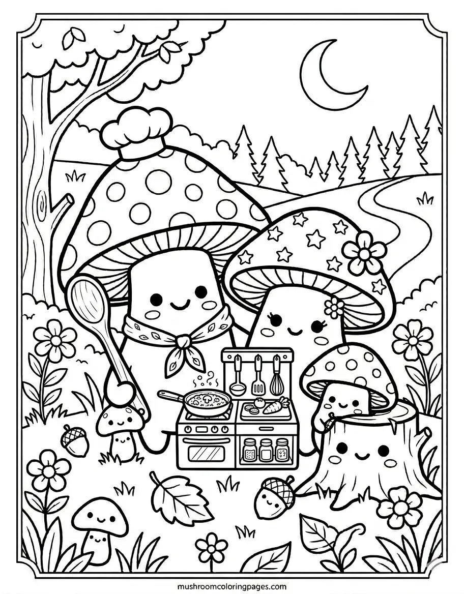 kawaii mushroom chef coloring page