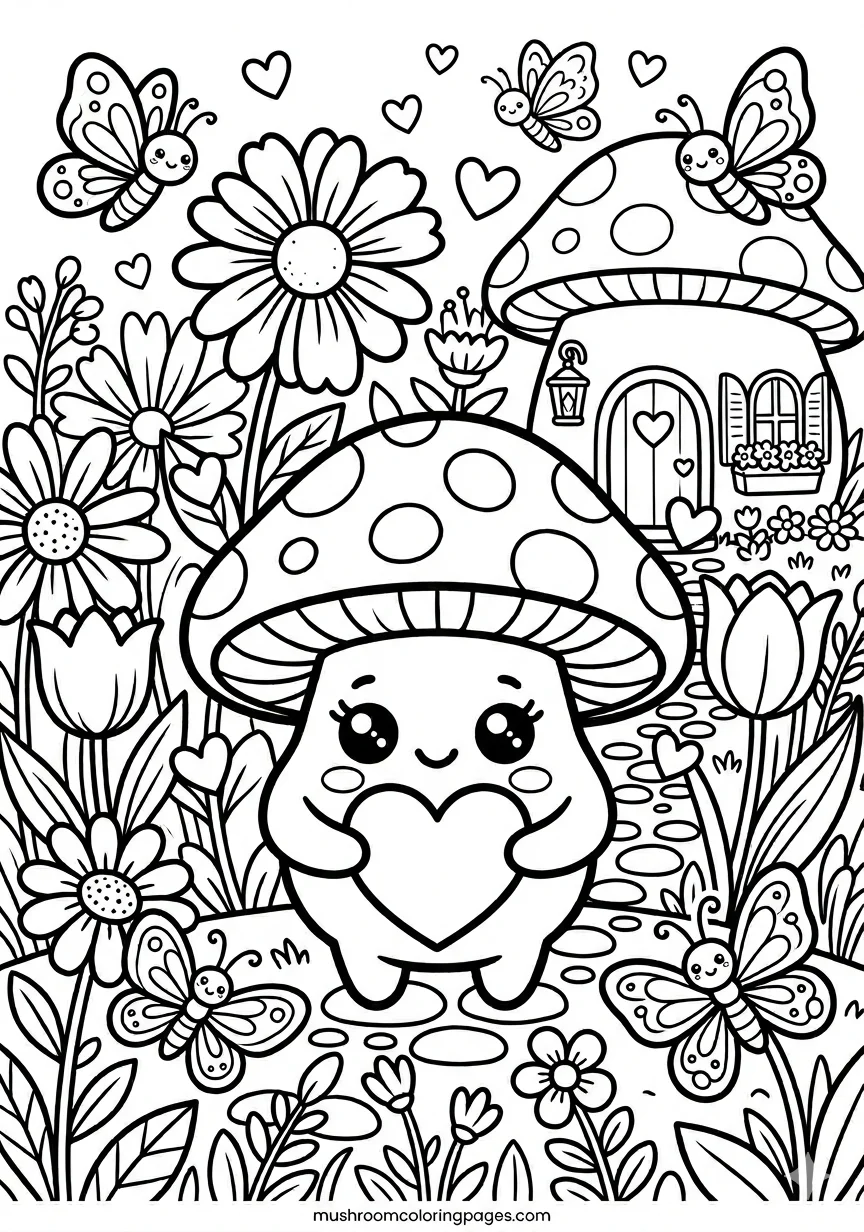 kawaii mushroom heart coloring page