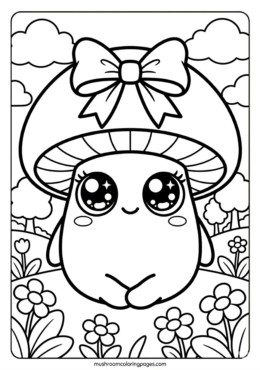 kawaii mushroom pastel garden coloring page