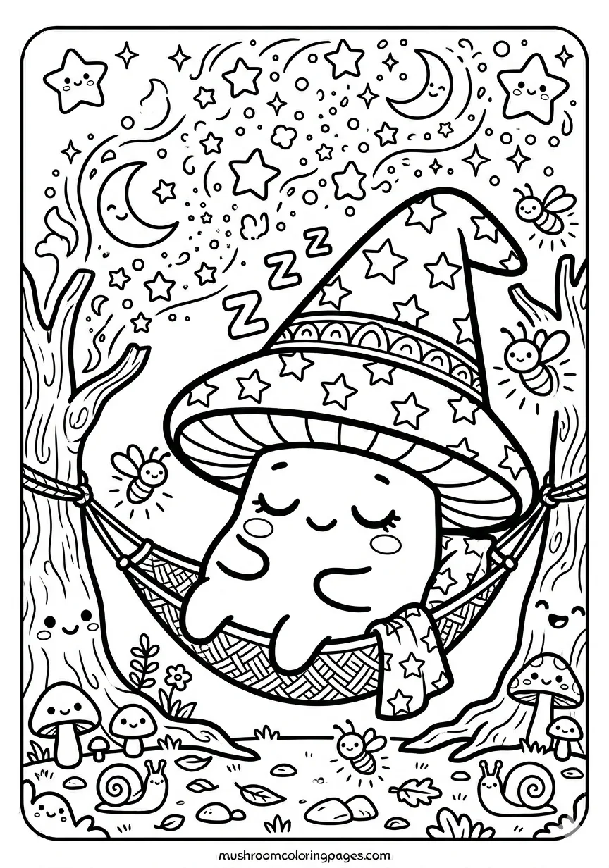 kawaii mushroom sleeping hammock coloring page