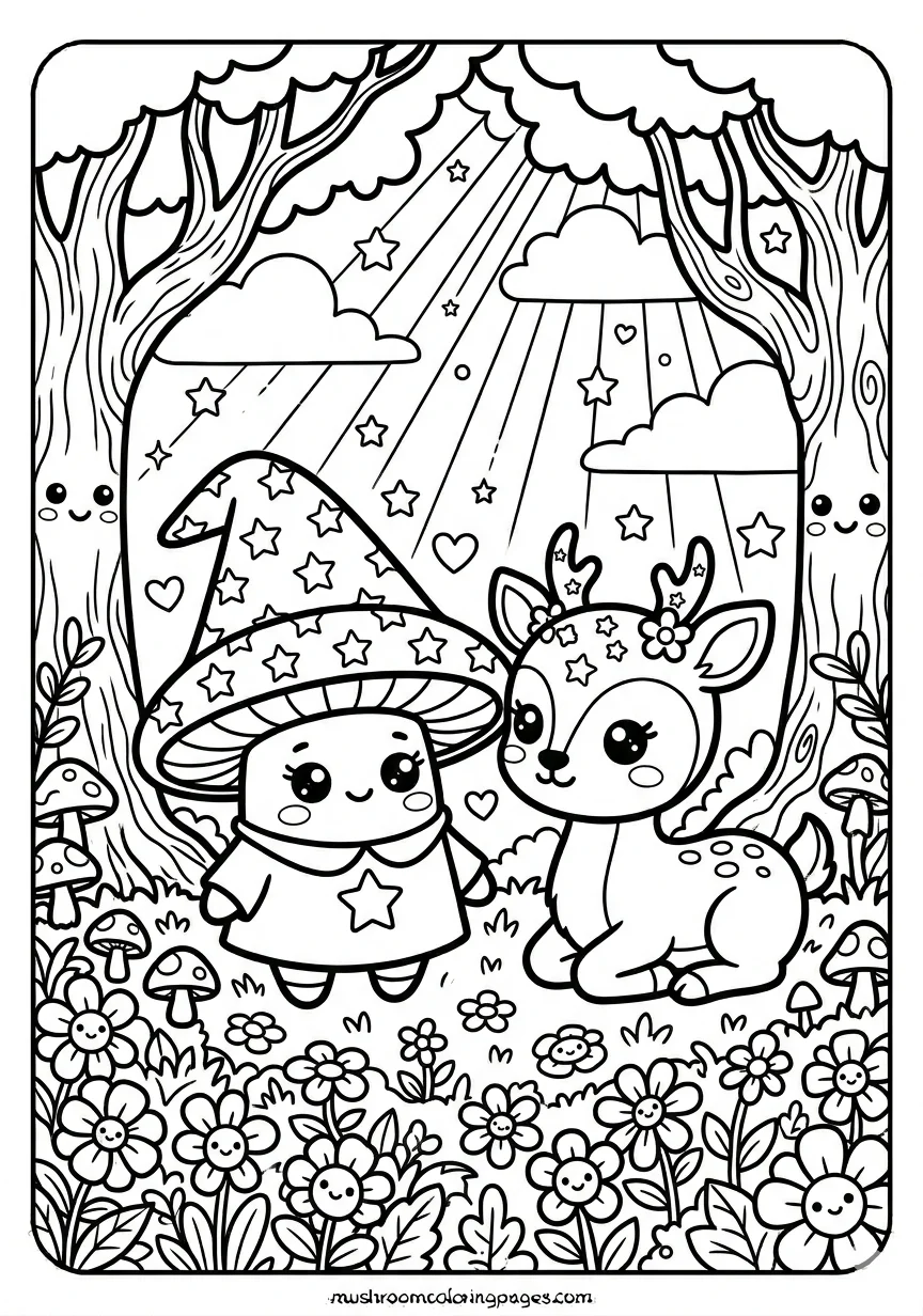 kawaii mushroom with deer coloring page