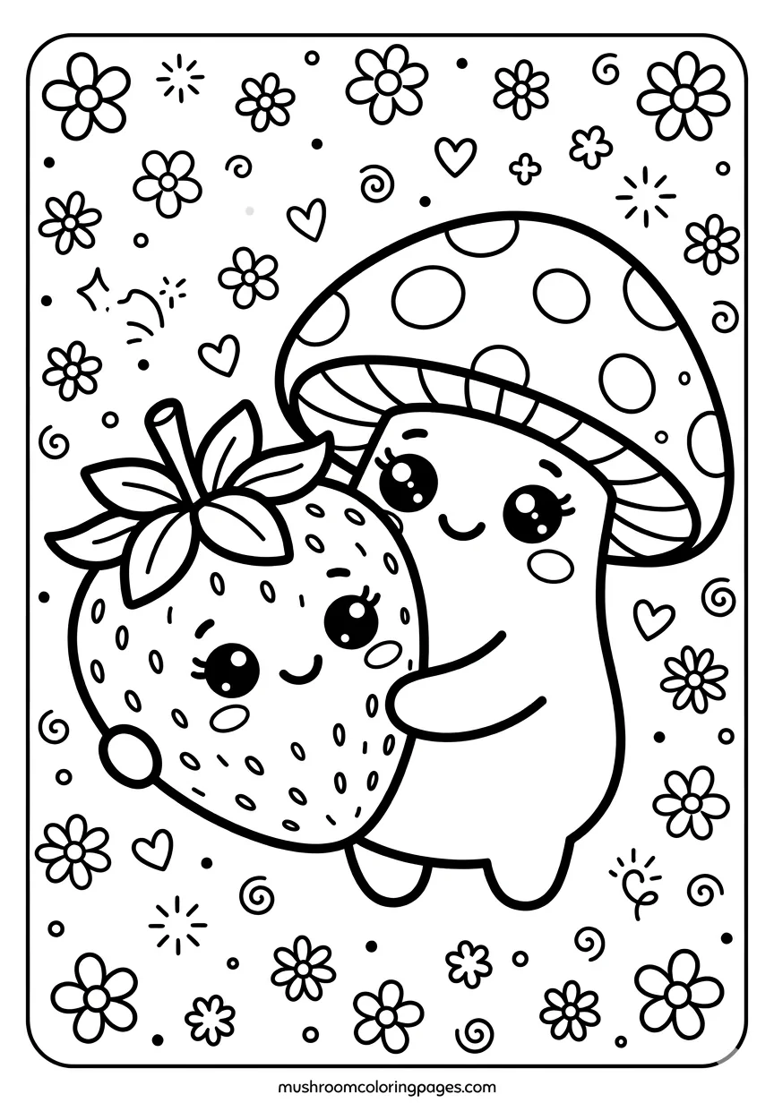 kawaii mushroom with strawberry coloring page