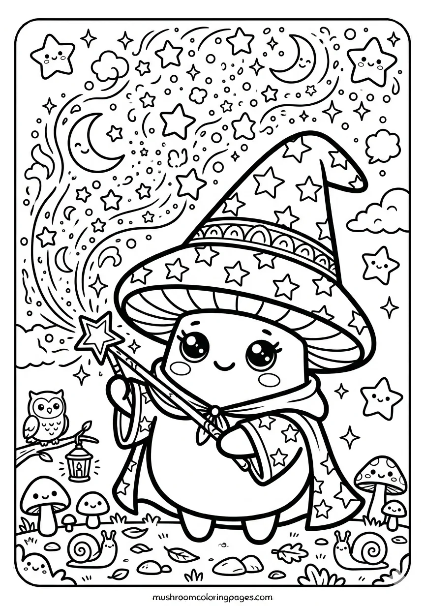 kawaii mushroom wizard coloring page