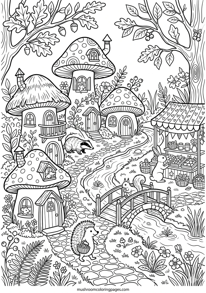 mushroom house village scene coloring page